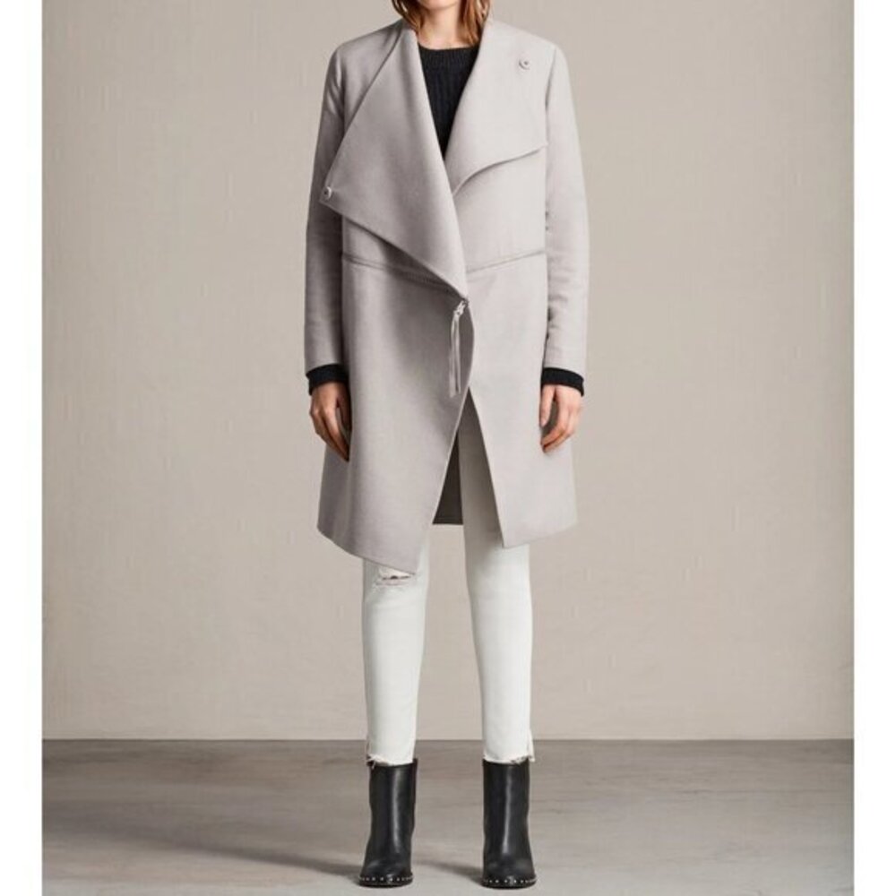 All Saints Wool Ora Zip Open Front Trench Coat in Gray Size 4